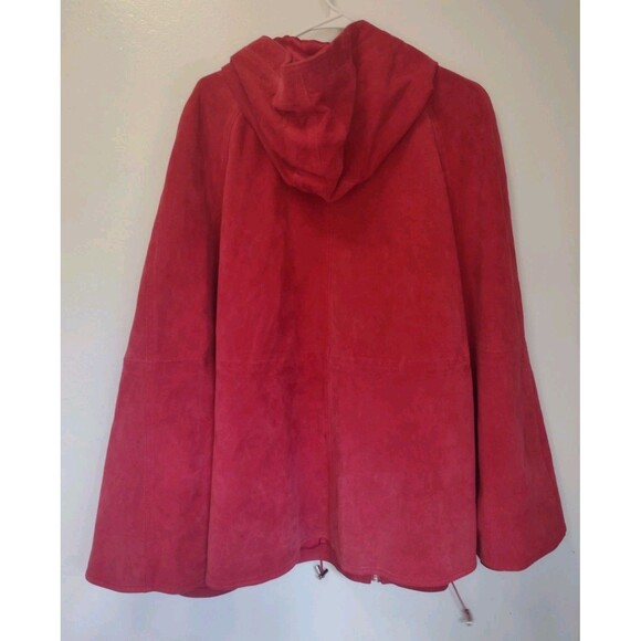 Red Suede Washable Full Zip Poncho / Cape W Pockets Drawstring & Hood One Size - Picture 2 of 15